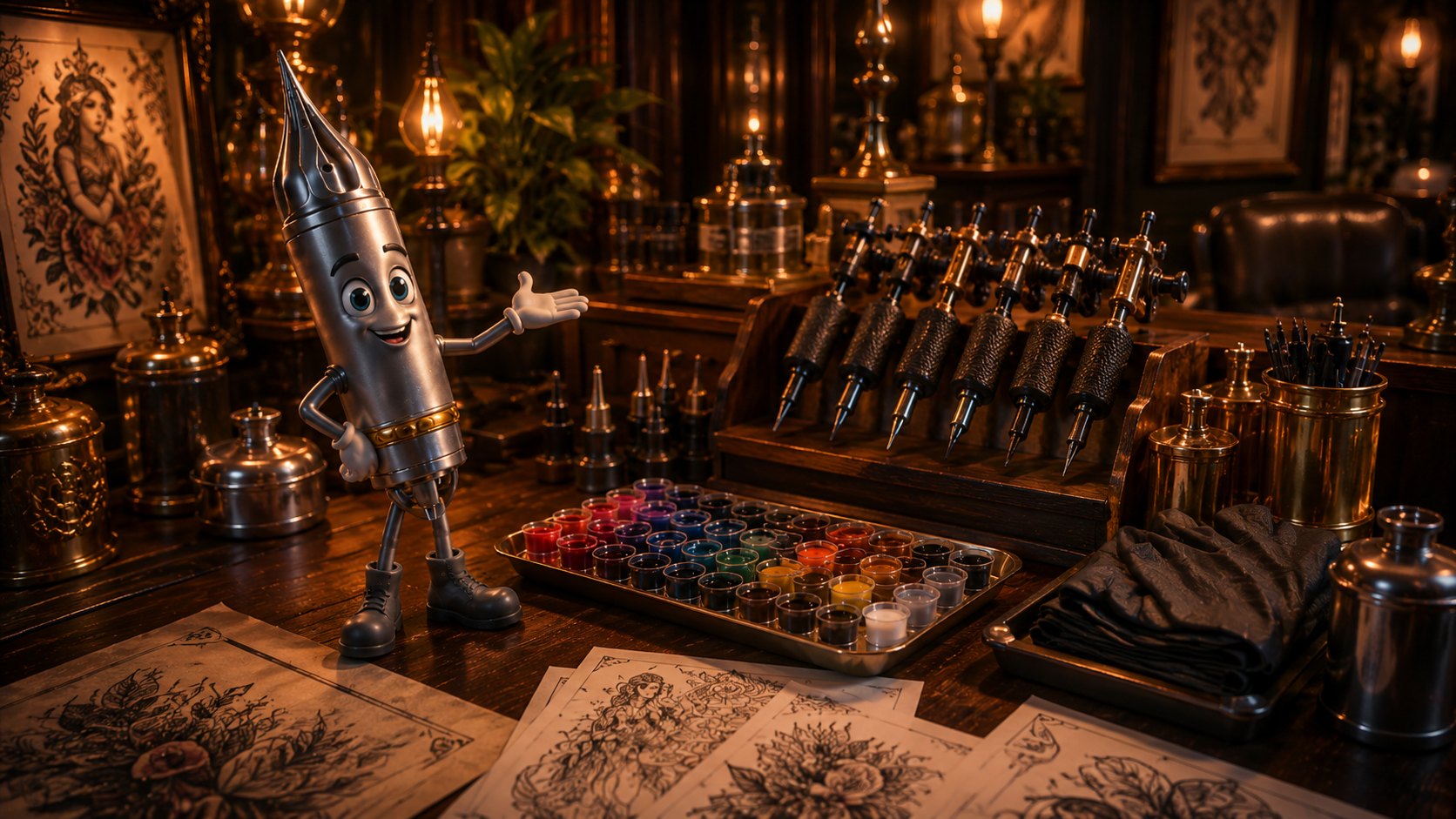Ned, the Tattoo Needle at the studio workstation
